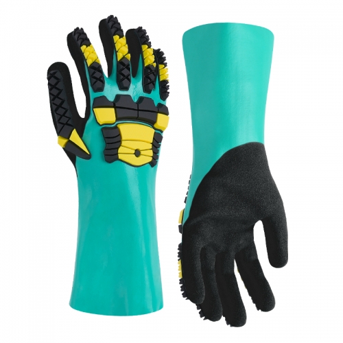 Chemical resistant nitrile coated glove with impact protection